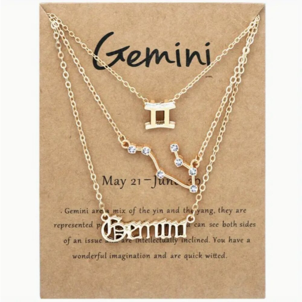 🍏50% OFF/3+...♊ 3-piece zodiac Gemini link chain necklace set (Gold tone)
